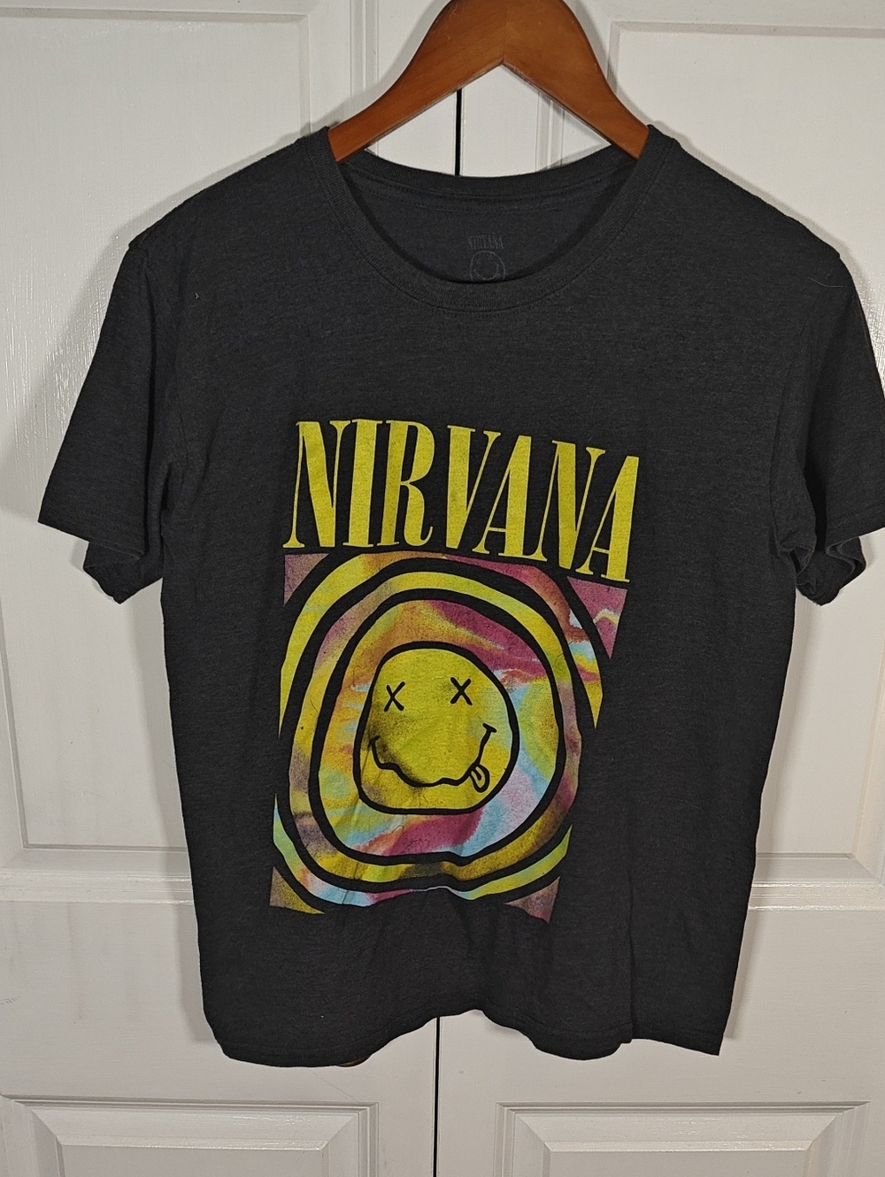 Nirvana Womens Black Tie Dye Smiley Face Graphic Short Sleeve Tee Small